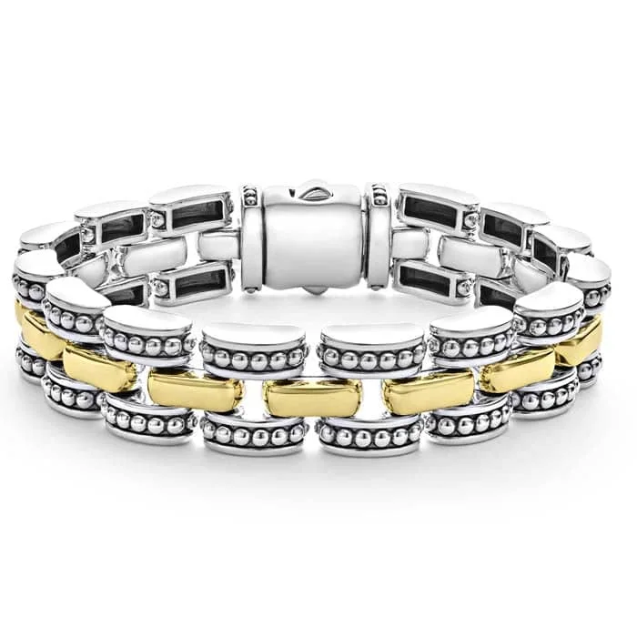 women's thin bracelet -LAGOS 12mm Link High Bar Bracelet in Sterling Silver and 18K Yellow Gold