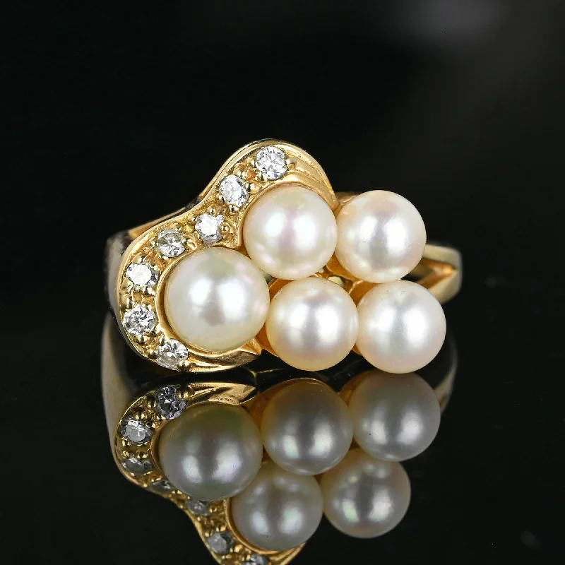 contemporary engagement rings -Mid Century Gold Diamond Pearl Cluster Cocktail Ring