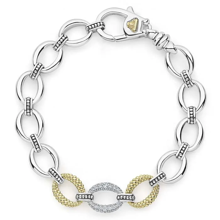 women's gold-plated bracelet -LAGOS .35tw 7.5" Caviar Lux Diamond Single Pave Station Oval Link Bracelet in Sterling Silver and 18kt Yellow Gold Size 7