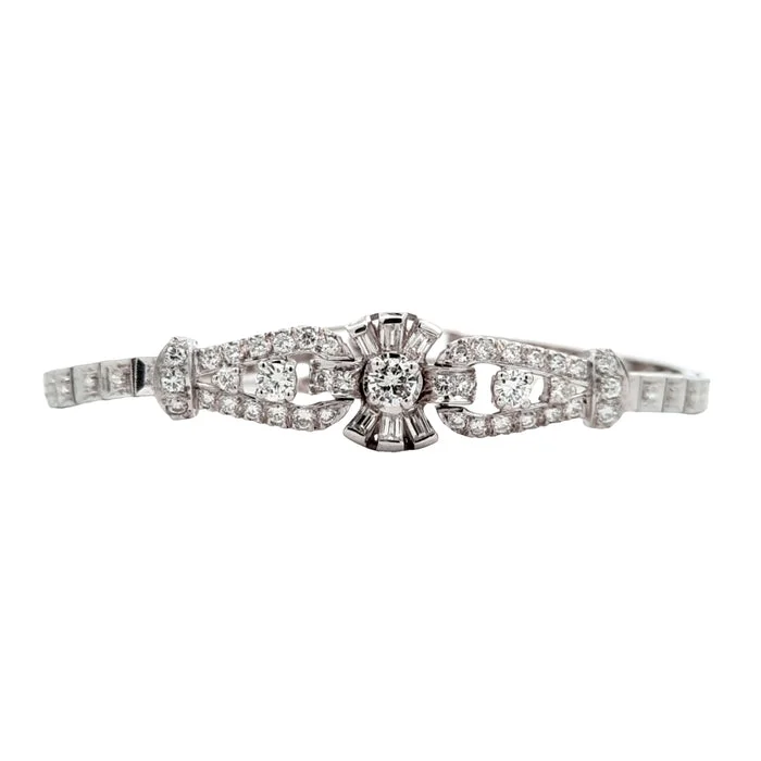 women's black bracelet -Estate Vintage Round Brilliant and Single Cut Diamond Bracelet with Baguettes in 14K White Gold