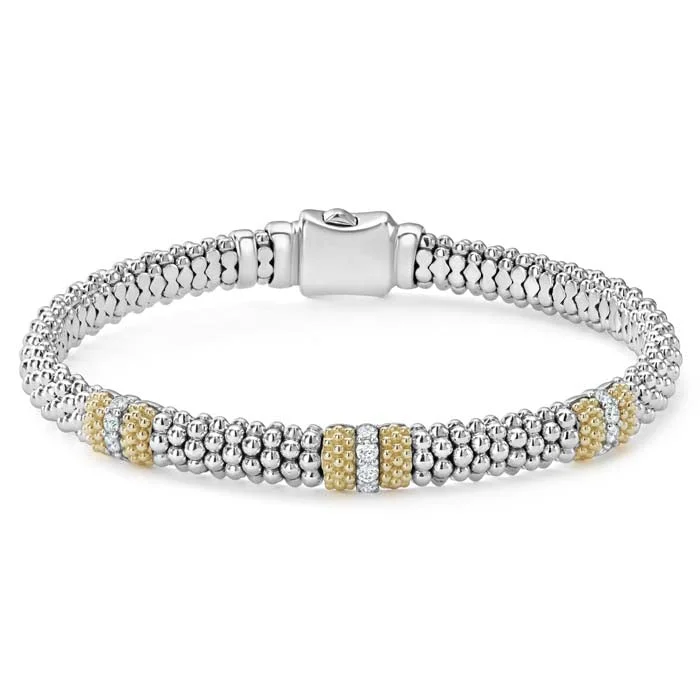 women's crystal bangles -LAGOS Caviar Lux Three Station Diamond Bracelet in Sterling Silver and 18K Yellow Gold