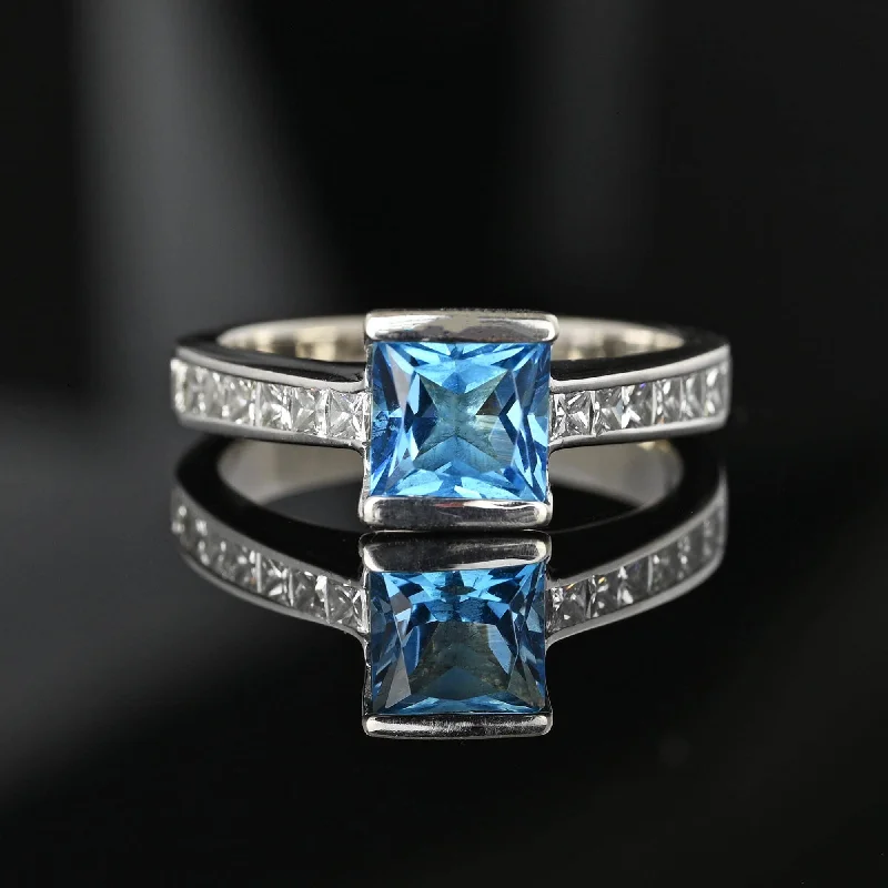 white sapphire engagement rings -1 Carat Princess Cut Diamond Blue Topaz Ring 14K White Gold