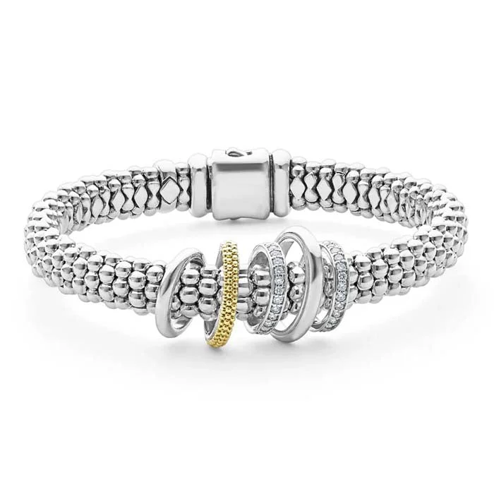 women's heart charm bracelet -LAGOS 9MM Two-Tone Five Ring Diamond Caviar Bracelet in Sterling Silver and 18K Yellow Gold