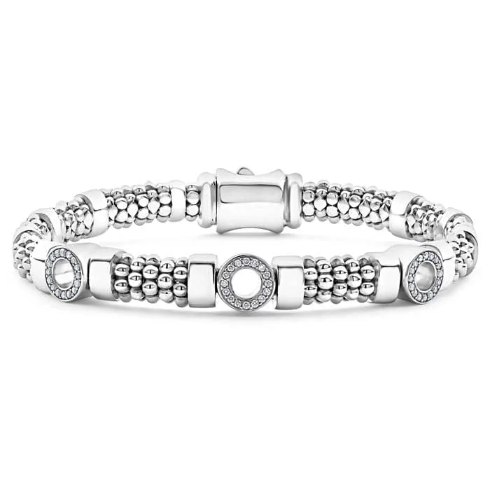 women's tennis bangles -LAGOS Three Station Diamond Circle Caviar Bracelet in Sterling Silver