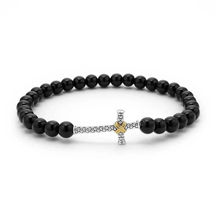 women's moonstone bracelet -LAGOS Anthem Onyx Cross Beaded Stretch Bracelet in Sterling Silver and 18K Yellow Gold