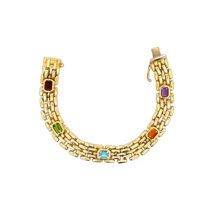 women's diamond bracelet -Estate 7" Multi-Gem Panther Link Bracelet in 14K Yellow Gold