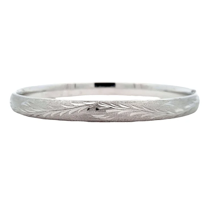 women's chic bracelet -Estate 6MM Engraved Oval Bangle Bracelet in 14K White Gold