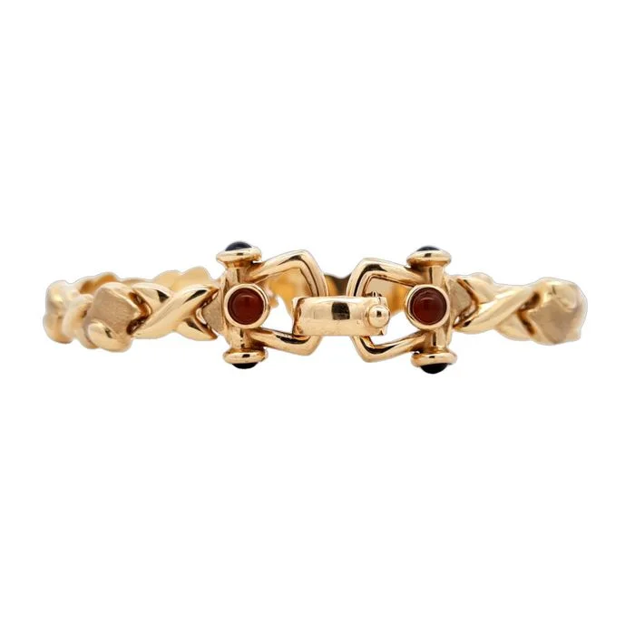 women's statement bracelet -Estate Black Onyx and Carnelian Equestrian "XO" Link Bracelet in 14K Yellow Gold