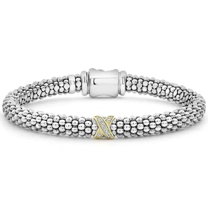 women's diamond bracelet -LAGOS Single "X" Station Caviar Bracelet in Sterling Silver and 18K Yellow Gold