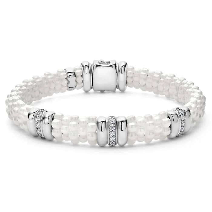 women's fashion bracelet -LAGOS White Ceramic Caviar Three Station Diamond Bracelet in Sterling Silver