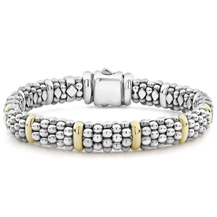 women's silver bangle -LAGOS 9MM Caviar Beaded Bracelet in Sterling Silver with 18K Yellow Gold Stations - Size Medium (7)