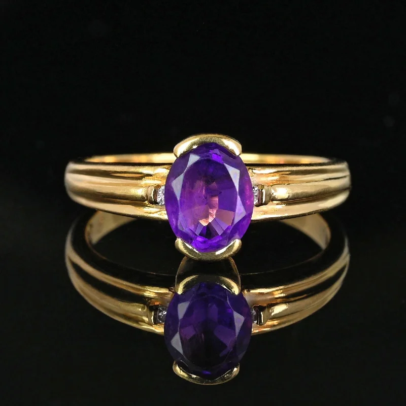 rose gold engagement rings -Vintage Ribbed Gold Band Diamond Accent Amethyst Ring