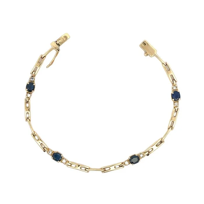 women's silver bracelet -Estate 7.5" Sapphire and Diamond Bracelet in 14K Yellow Gold