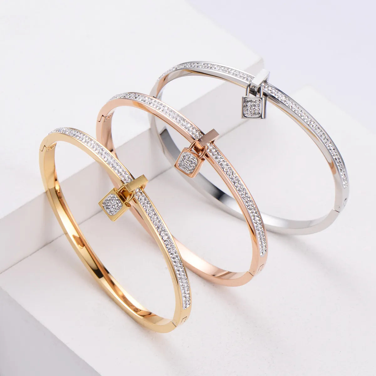 women's adjustable bangle -Korean Fashion Lock Rhinestones Diamond-studded Stainless Steel Bracelet Wholesale Gooddiy