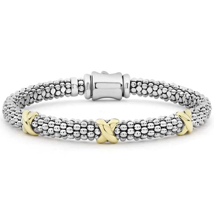 women's sapphire bracelet -LAGOS Caviar Three Station X Bracelet in Sterling Silver and 18K Yellow Gold