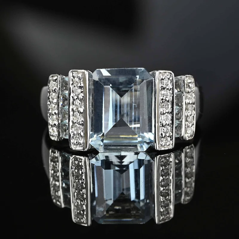 affordable vintage engagement rings -Vintage Art Deco Style Diamond and Aquamarine Ring