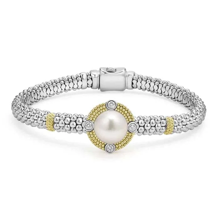 women's celestial bangle -LAGOS Pearl and Diamond Bracelet in Sterling SIlver and 18K Yellow Gold