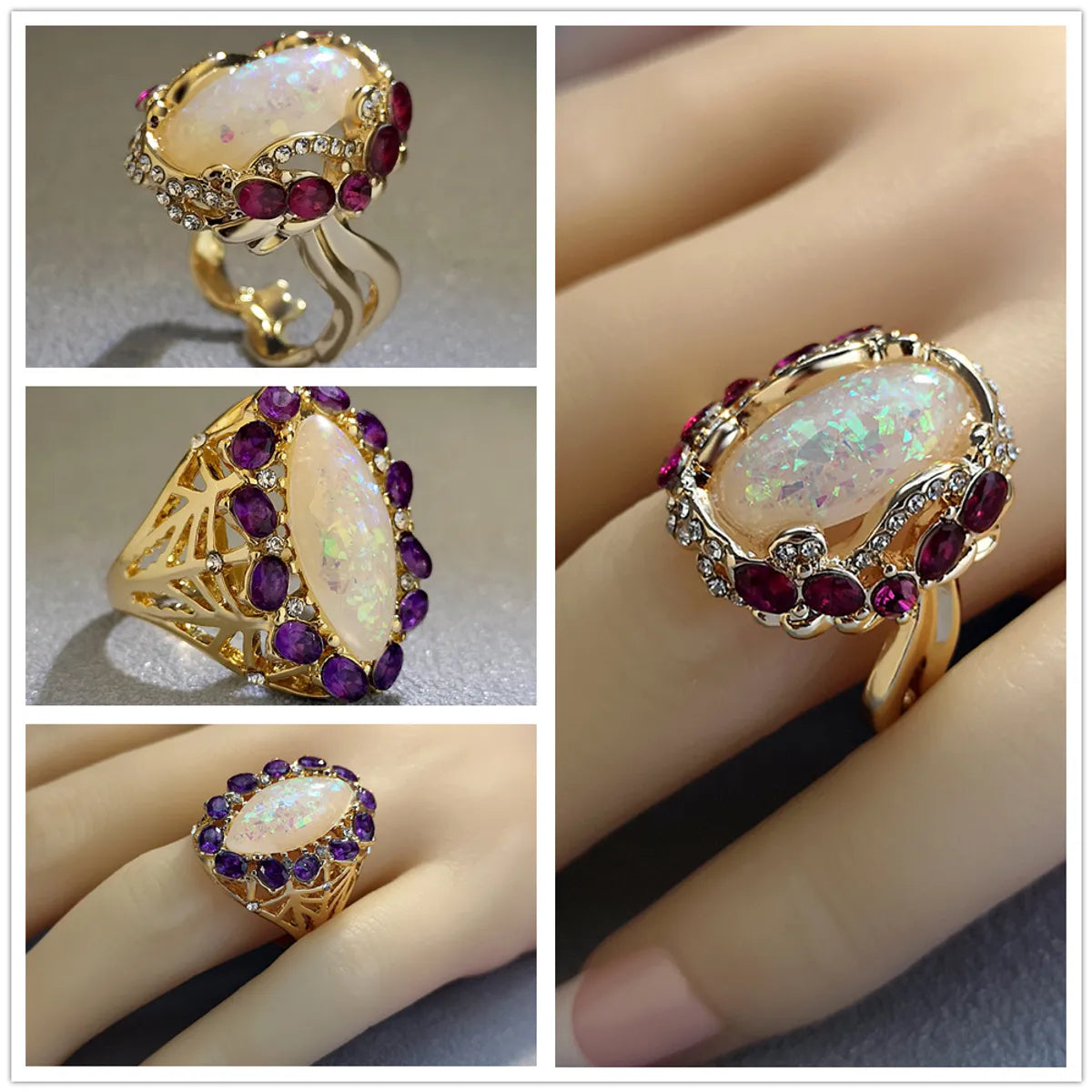 platinum wedding and engagement rings -New Opal Gold Ring With Diamonds European And American Fashion Exaggerated Ring