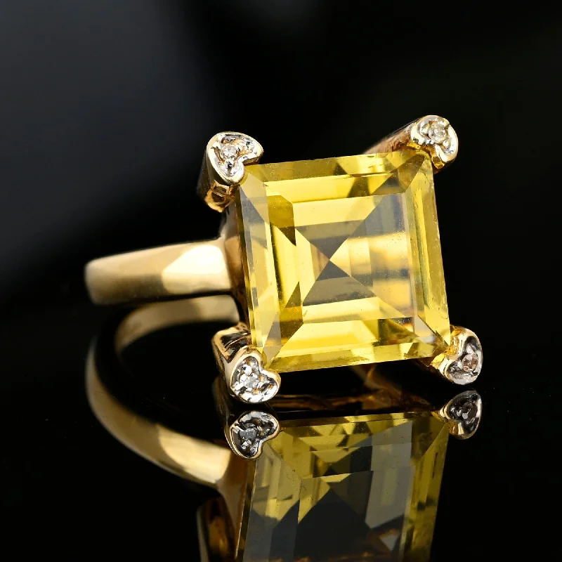 diamond accented engagement rings -Vintage Diamond Heart Accent Square Step Cut Citrine Ring