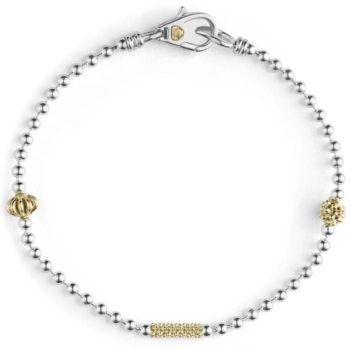 women's beaded bangles -LAGOS Caviar Icon Beaded Bracelet in Sterling Silver and 18K Yellow Gold - Size Medium (7)