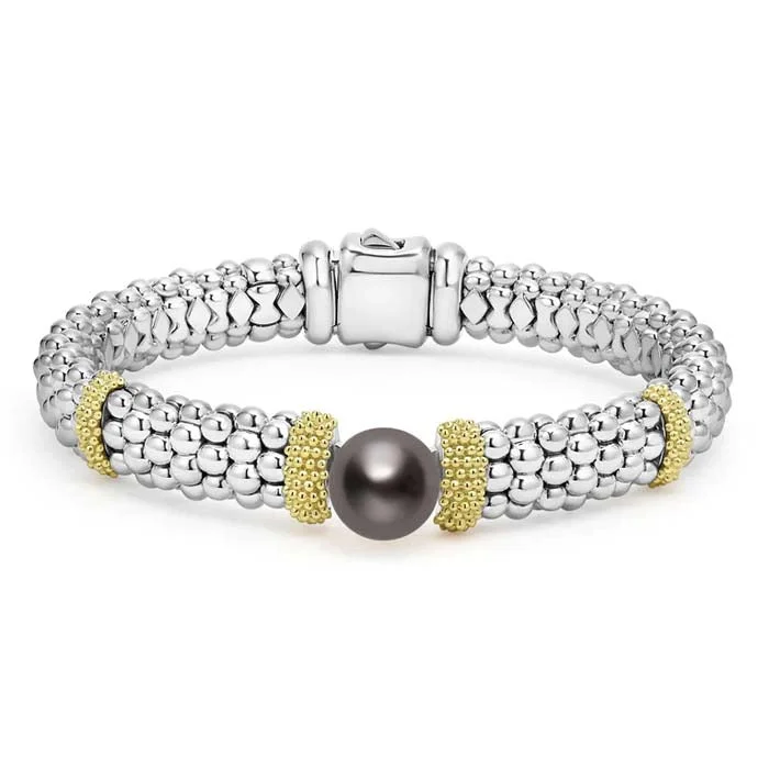 women's large cuff bracelet -LAGOS Two-Tone Caviar Tahitian Black Pearl Bracelet in Sterling Silver and 18K Yellow Gold