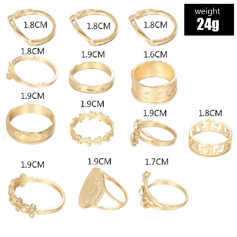 women's engagement rings -Retro Letters Diamond Pattern Flower Leaf Ring 13 Piece Set