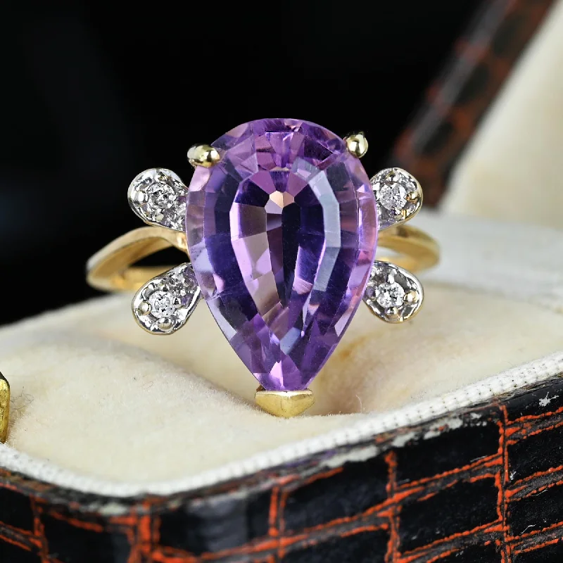 custom diamond engagement rings -Vintage 14K Gold Diamond Wing Pear Cut Amethyst Ring