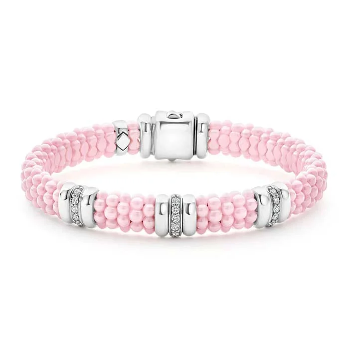 women's leather bracelet -LAGOS Pink Ceramic Caviar Three Station Diamond Bracelet in Sterling Silver