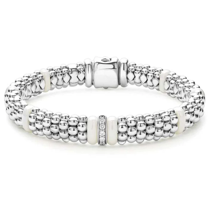 women's bangle bracelet -LAGOS White Ceramic Caviar Single Station Diamond Bracelet in Sterling Silver