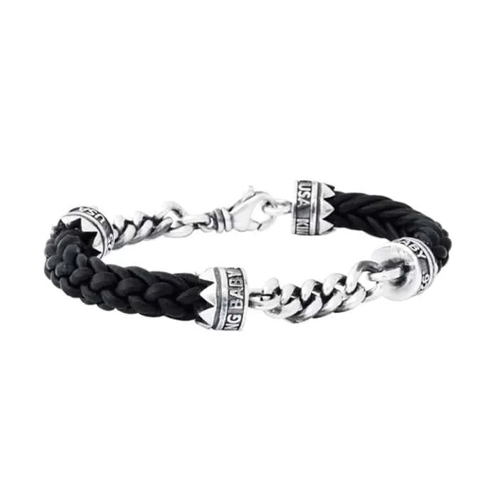 women's leaf bracelet -King Baby Double Silver Chain and Leather Lanyard Bracelet in Sterling Silver and Black Leather