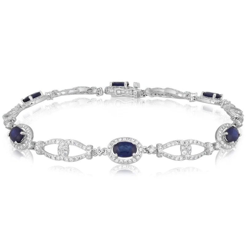 women's leather bangle -Blue Oval Sapphire & Diamond Bracelet