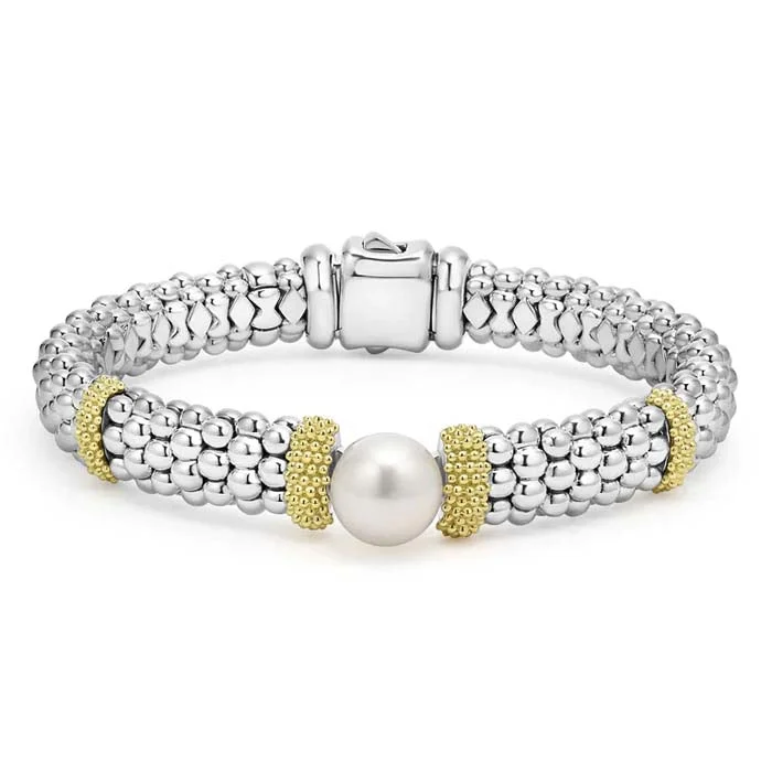 women's gemstone bangles -LAGOS Two-Tone Pearl Caviar Bracelet in Sterling Silver and 18K Yellow Gold