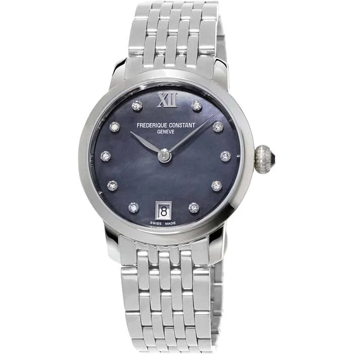 women's cuff bangles -Frederique Constant 30MM Diamond on Black Mother-Of-Pearl Dial Stainless Steel Bracelet Watch