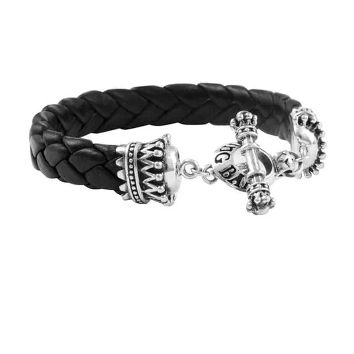 women's braided bracelet -King Baby Small Black Leather Bracelet With Crown and Toggle in Sterling Silver