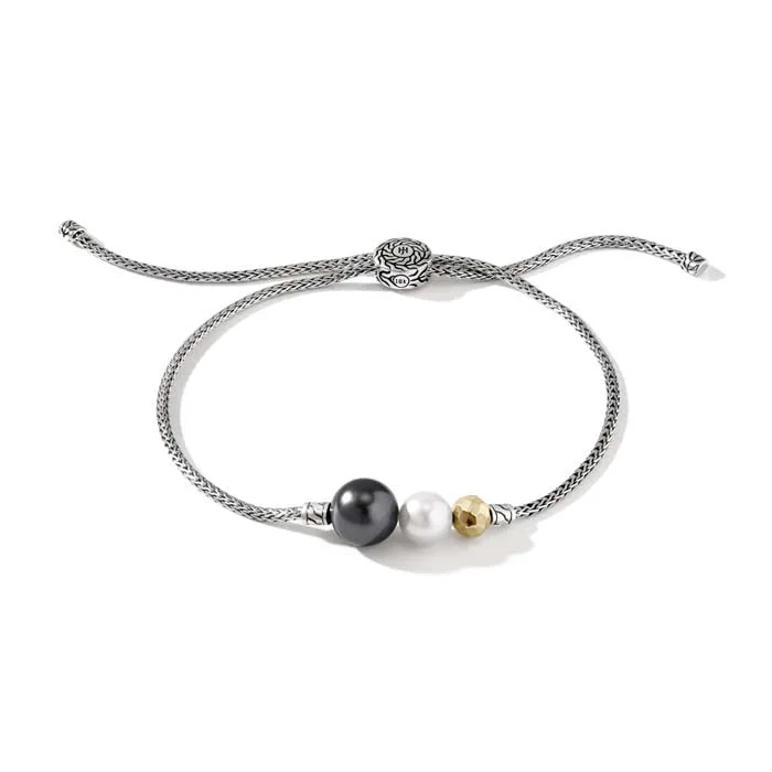 women's diamond bangles -John Hardy Tahitian Pearl and Freshwater Cultured Pearl Pull Through Bracelet in Sterling Silver and 18K Yellow Gold