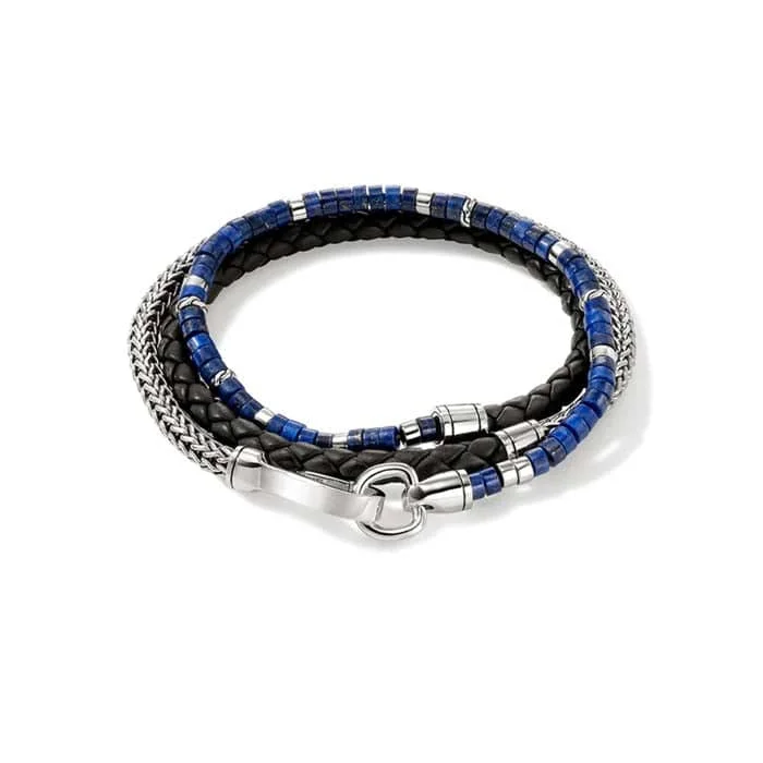 women's tennis bangles -John Hardy 4MM Lapis Heishi and Black Leather Classic Chain Triple Wrap Bracelet in Sterling Silver