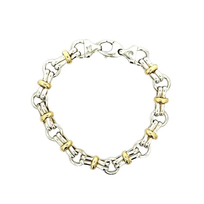 women's gemstone bracelet -Estate Two-Tone Bar Link Bracelet in Sterling Silver and 14K Yellow Gold