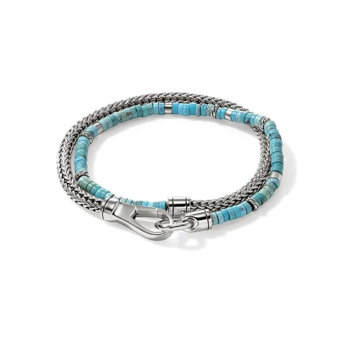 women's charm bracelet -John Hardy 4MM Turquoise Heishi Classic Chain Double Wrap Bracelet in Sterling Silver