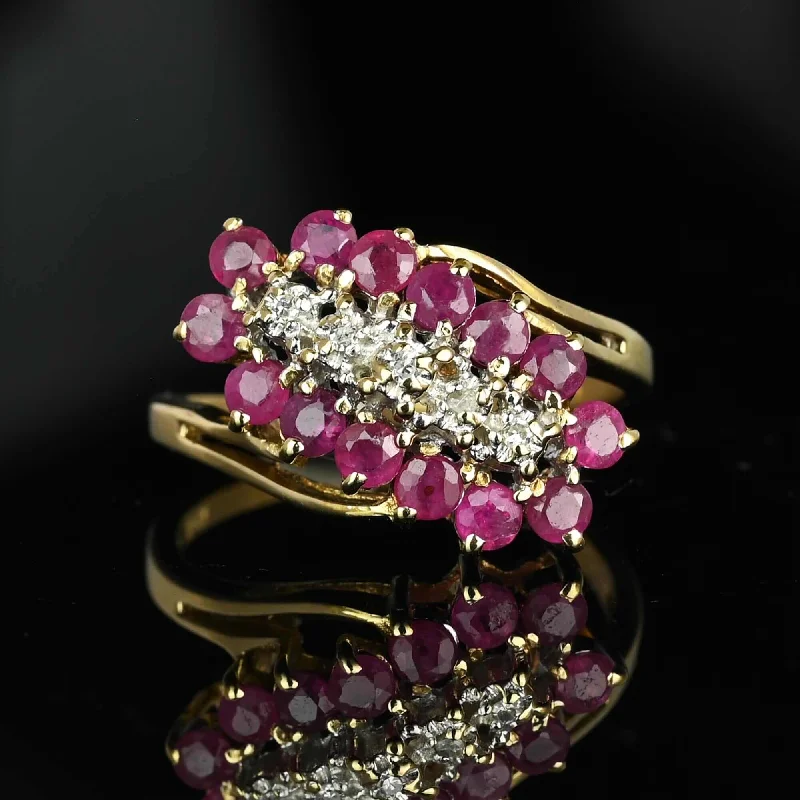 diamond halo engagement rings -Vintage 10K Gold Bypass Diagonal Diamond Ruby Cluster Ring