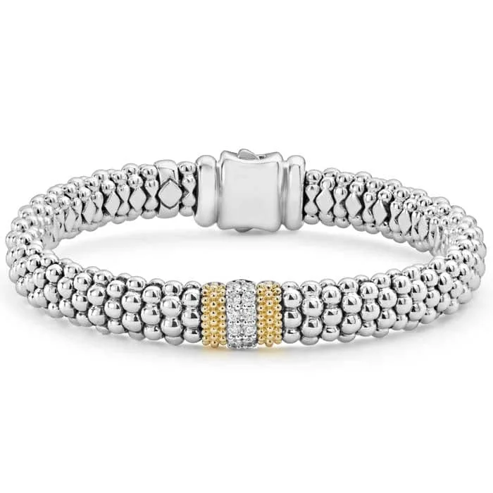 women's custom bangle -LAGOS Caviar Lux Single Station Diamond Caviar Bracelet in Sterling Silver and 18kt Yellow Gold