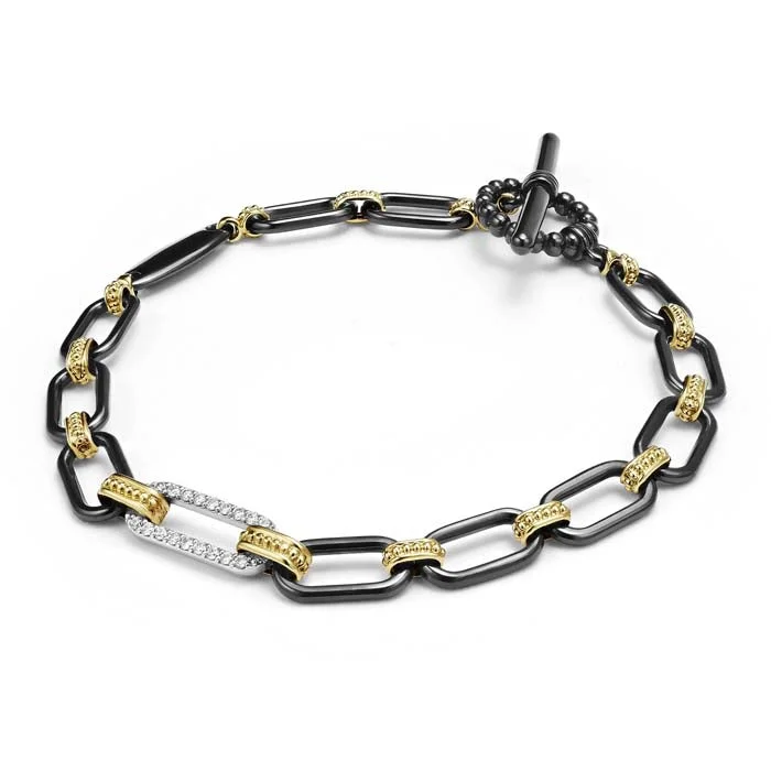 women's stackable bracelet -LAGOS 7" Diamond Station Link Bracelet in Black Ceramic and 18K Yellow Gold