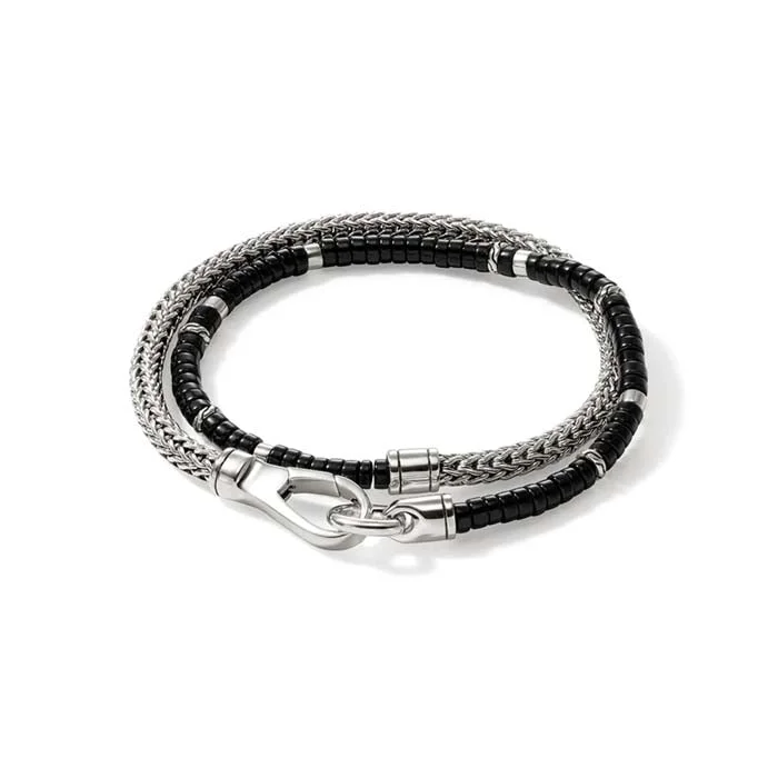 women's adjustable bangle -John Hardy 4MM Black Onyx Heishi and Classic Chain Double Wrap Bracelet in Sterling Silver