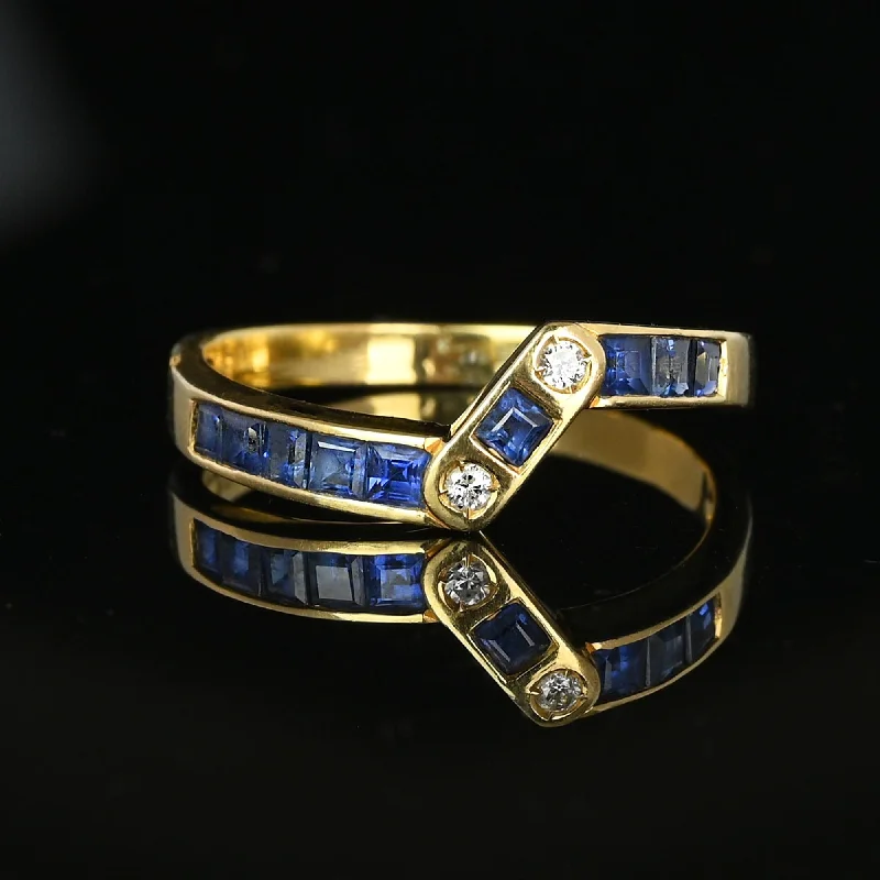 oval engagement rings -Vintage 14K Gold Diamond Carré Sapphire Ring Band