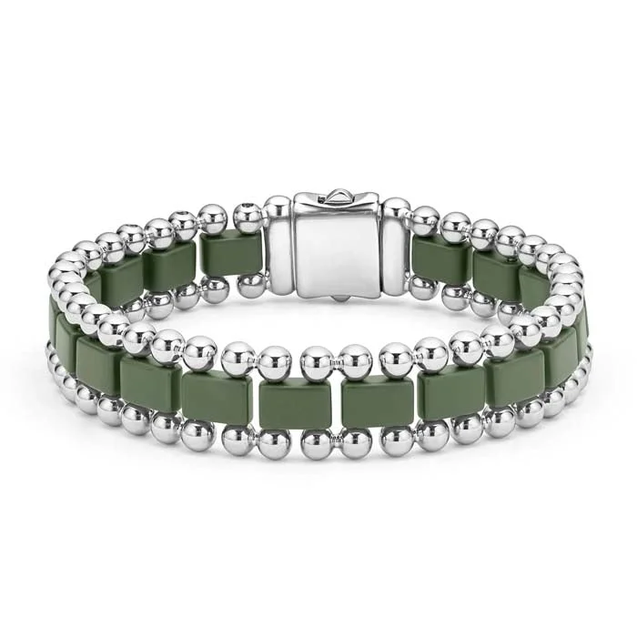 women's small cuff bracelet -LAGOS Anthem Matte Hunter Green Ceramic Link Bracelet in Stainless Steel