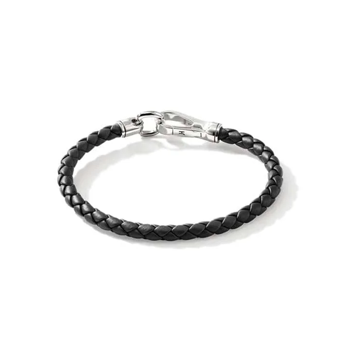 women's pearl bracelet -John Hardy 5MM Black Leather Hook Clasp Bracelet in Sterling Silver