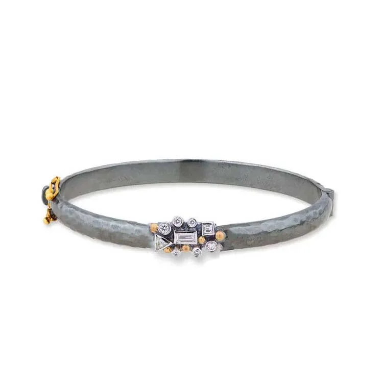 women's silver-plated bracelet -Lika Behar Scatter Oval Bangle Bracelet with Round and Fancy Cut Diamonds in Oxidized Sterling Silver with 24K Yellow Gold and 18K White Gold