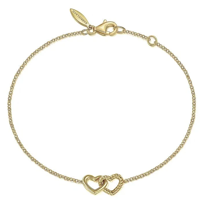 women's leather bracelet -Gabriel & Co. Entwined Hearts Chain Bracelet in 14K Yellow Gold