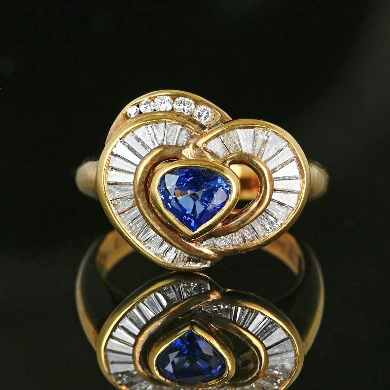 princess cut diamond engagement rings -18K Gold Baguette Diamond Heart Ceylon Sapphire Ring