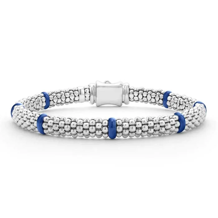 women's leaf bracelet -LAGOS 7 Station Ultramarine Blue Ceramic Caviar Bracelet in Sterling Silver