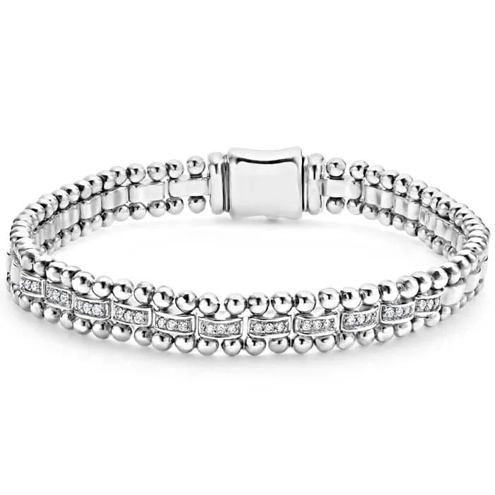 women's tribal bracelet -LAGOS 7" .19tw Caviar Spark 7mm Link Eleven Diamond Station Bracelet in Sterling Silver Size M